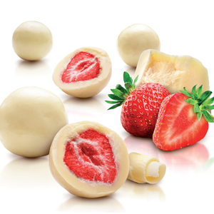 Strawberries coated with white chocolate, yogurt