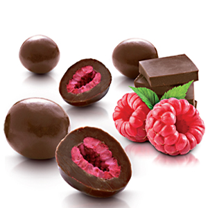 Raspberries coated with milk chocolate